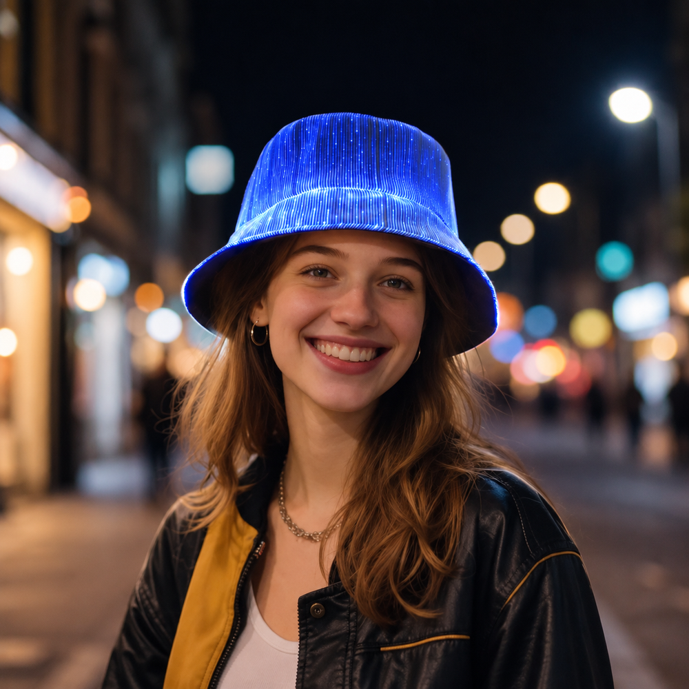 Akşam şehirde mavi ışıklı bucket şapka ile günlük kombin