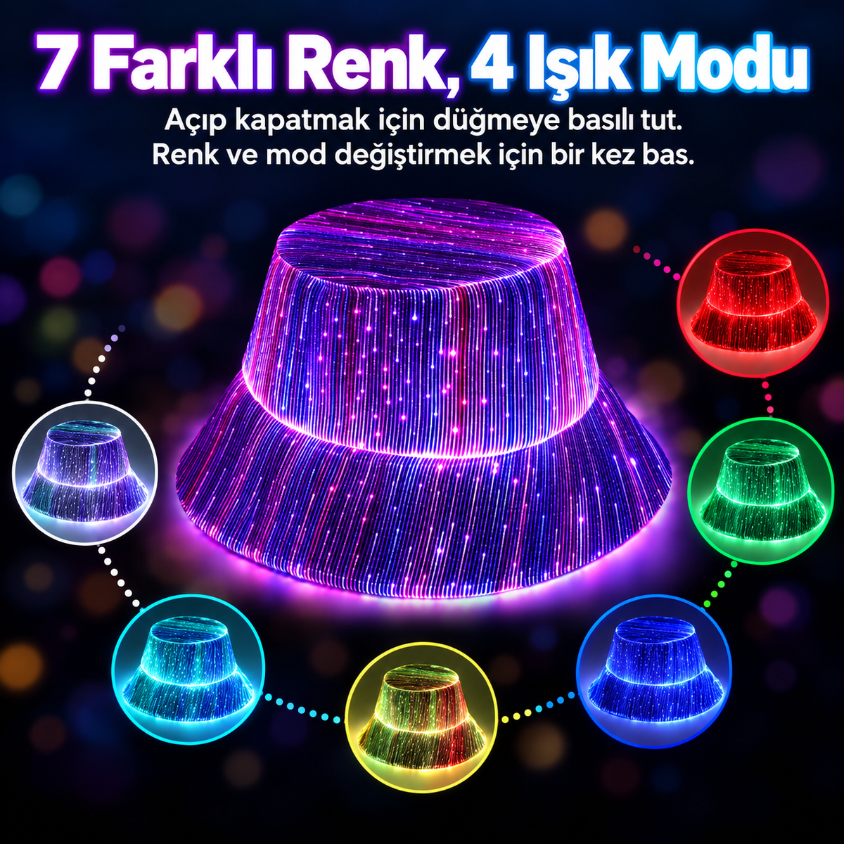 Işıklı şapkanın yedi farklı rengi ve dört ışık modu