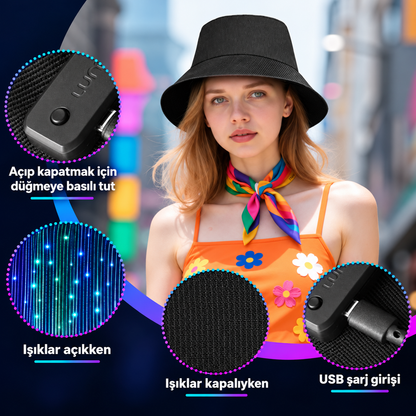 Şarjlı Fiber Optik Işıklı Şapka – 7 Renk, 4 Işık Modu