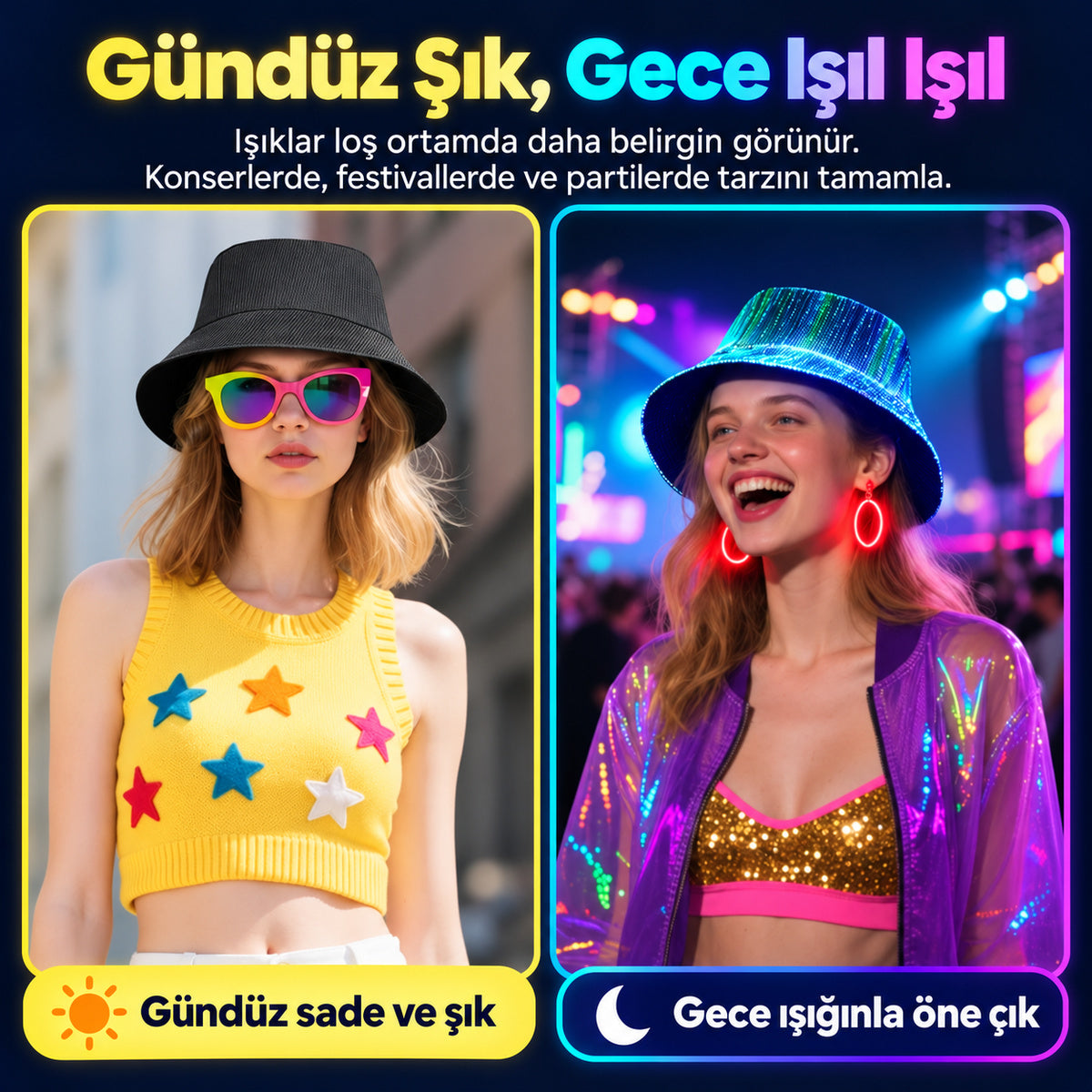 Fiber optik şapkanın gündüz ve gece görünümü